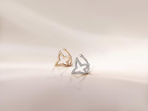 Photo of the mini rings in 18k rose gold and 18k white gold in the Silhouette Blossom Fine Jewelry Collection by Louis Vuitton.